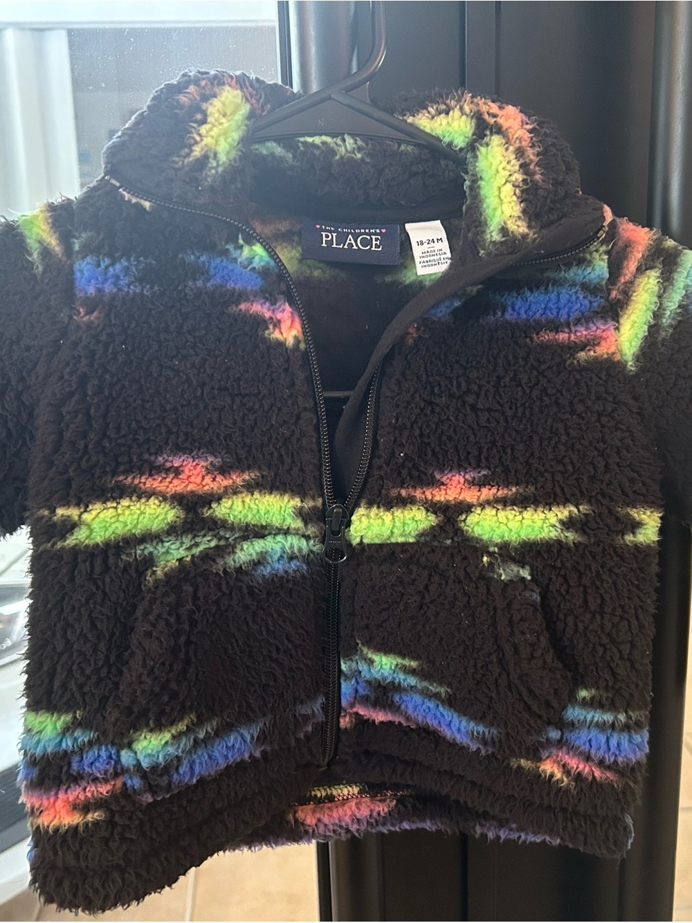 The Children's Place Black Sherpa Hoodie with Multicolor Rainbow Stripes - Kids